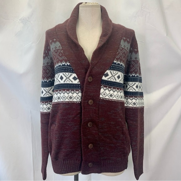 Cozy Y2K Cardigan Sweater with Geometric Pattern and Shawl Collar - Picture 1 of 9